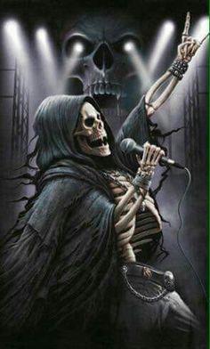 a card with a skeleton holding a guitar in it's hand and lights shining on the background