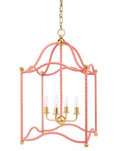 a pink and gold chandelier with three lights hanging from the front, on a white background