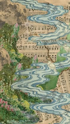 an illustration of a river with music notes on it