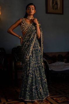 Paulmi & Harsh | Navy Blue Print Kowri Shell Sari Set | INDIASPOPUP.COM Shell Blouse Indian, Kaudi Shell Blouse, Brownie Outfits, Sabyasachi Sarees Blouse, Prestitched Saree, Marodi Work, Paulmi And Harsh, Navy Blue Saree, Saree Georgette