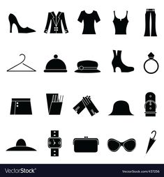 the silhouettes of women's clothing and accessories are shown in this black and white image