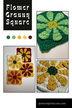 crocheted flower granny square pattern with four different colors and text that says flower granny square