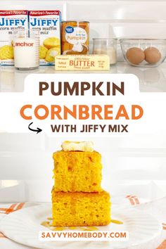 pumpkin cornbread with jiffy mix is stacked on a plate in front of the refrigerator