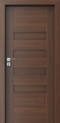 an open wooden door with metal handle on the front and side panels, in dark wood