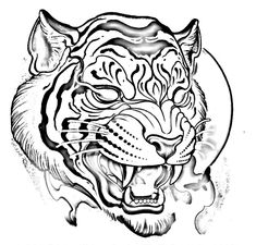 a black and white drawing of a tiger's head