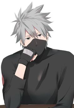 an anime character with grey hair and black shirt