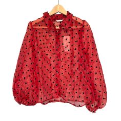 This Top Is Nwt, So Fun! Completely Sheer Red Material. All-Over Black Velvet Polka Dots. Buttons Are Black With Little Gems In Each Button. Elastic Wrists On Dramatic Balloon Sleeves. Structured Top With A Collar. Pair With A Black Cami For A Stunning Look. Polka Dot Blouse With Button Closure For Fall, Spring Polka Dot Blouse With Button Closure, Red Party Blouse With Buttons, Fall Polka Dot Blouse With Button Closure, Trendy Polka Dot Blouse For Party, Trendy Polka Dot Party Blouse, Fall Polka Dot Pattern Blouse With Button Closure, Red Button-up Blouse For Party, Red Button-up Party Blouse