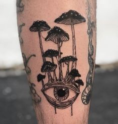 a man's leg with mushrooms and an eye on it