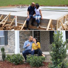 two people sitting on steps in front of a house