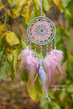 a pink and blue dream catcher hanging from a tree