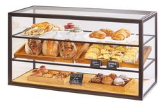 a display case filled with lots of different types of breads and muffins