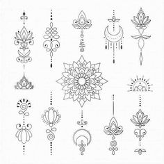 an assortment of ornamental designs on a white background, including flowers and ornaments in black ink