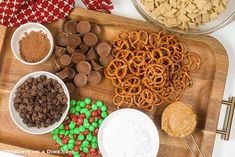 the ingredients to make an easy snack include pretzels, cereals and candy