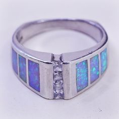 Size 8, vintage Sterling silver handmade ring, 925 band with fire opal and cz, stamped 925 Silver Opal Ring With Inlay For Anniversary, Anniversary Silver Opal Ring With Inlay, Anniversary Opal Rings Stamped 925, Fire Opal, Light Purple, Vintage Sterling Silver, Handmade Ring, Handmade Silver, Band Rings