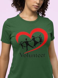 Custom Volunteer T-shirt, Volunteer Shirt, Volunteer Gift, Charity Gift, Social Work Tee, Love Volunteering If ordered as is, shirt will come as pictured in first picture, heart, people and word volunteer.  Other pictures are just examples of customizations. CUSTOMIZATION - A favorite volunteer quote, social work or scripture and/or organization name can be added to the pictured design.  If you have your own logo or idea for a group design then we would be happy to do that for you. Style: Gildan Valentine's Day Gift T-shirt With Short Sleeves, Green Crew Neck T-shirt With Heart Graphic, Valentine's Day Crew Neck T-shirt With Screen Print, Green Short Sleeve Shirt For Gift, Heart Graphic Short Sleeve Shirt For Gift, Short Sleeve Shirt With Heart Graphic For Gift, Short Sleeve Shirt With Heart Graphic As Gift, Heart Print Crew Neck T-shirt For Gift, Heart Print Short Sleeve T-shirt As Gift