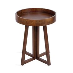 a round wooden table with two legs