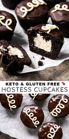 there are chocolate cookies with white frosting on them and the words keto and gluten free hostess cupcakes