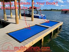 a dock with blue tarps and two boats in the water