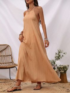 Mocha Brown Sexy,Boho Collar Sleeveless Woven Fabric Plain Cami Embellished Non-Stretch  Women Clothing Brown Halter Neck Sleeveless Summer Dress, Beige Halter Neck Sleeveless Dress For Vacation, Beige Sleeveless Halter Neck Dress For Vacation, Beige Maxi Sleeveless Dress For Vacation, Beige Halter Neck Sundress For Vacation, Flowy Brown Sundress For The Beach, Bohemian Backless Halter Dress, Beige Bohemian Halter Neck Sundress, Brown Sleeveless Beach Dress