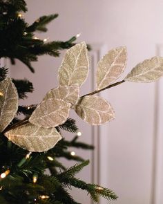 a close up of a christmas tree with lights on it and leaves hanging from the branches