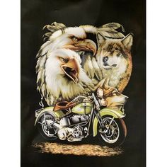 an eagle riding on the back of a motorcycle with another animal in it's seat