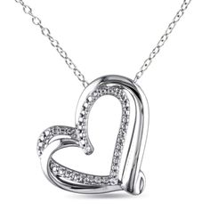 This charming  Diamond Accent Double-heart Pendant shimmers in sterling silver. The pendant features two entwined hearts, one with a high-polish finish, the other prong set with two twinkling round diamonds (G-H, I2-I3) and diamond illusion detailing. The pendant is attached to an 18-inch-long cable chain that fastens with a spring ring clasp. Diamond Heart Pendant Necklace, Double Heart Necklace, Sterling Silver Heart Necklace, Sterling Silver Heart Pendant, Silver Heart Pendant, Heart Pendant Diamond, Silver Heart Necklace, Women Diamond, Sterling Silver Heart