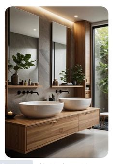 two white sinks sitting on top of a wooden counter in front of a mirror and plant