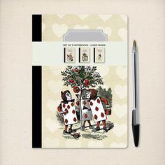 a notepad with an image of two people standing next to a tree and flowers