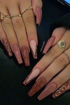 Rose Gold Nails, Square Acrylic Nails, Coffin Nails Designs