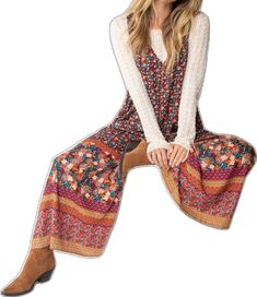 Let's Just Go Wide-Leg Jumpsuit - Tan Border Print-view 1 Bohemian Printed V-neck Jumpsuits And Rompers, Casual Floral Print V-neck Jumpsuits And Rompers, Casual Printed Patterned Jumpsuits And Rompers, Bohemian Jumpsuits And Rompers For Fall, Casual Printed V-neck Jumpsuits And Rompers, Bohemian Printed V-neck Jumpsuit, Bohemian V-neck Printed Jumpsuits And Rompers, Bohemian Printed Jumpsuits And Rompers With V-neck, Spring V-neck Printed Jumpsuits And Rompers