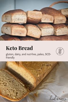 a loaf of keto bread sitting on top of a table next to sliced bread