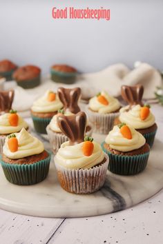 cupcakes with frosting and bunny ears on them