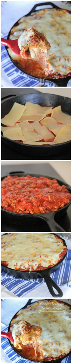 three different views of an uncooked pizza being cooked in pans with cheese and tomato sauce