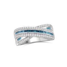 a white gold ring with blue and white diamonds on the sides, set in 18k white gold