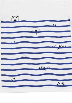 pandas swimming in the ocean with blue and white stripes