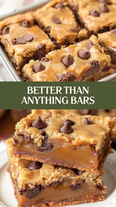 chocolate chip cookie bars stacked on top of each other with the words, better than anything bars