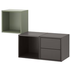 two different colored cabinets sitting next to each other on a white background, one is empty and the other has no doors