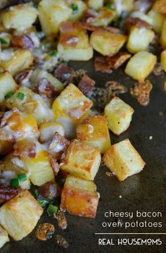 cheesy bacon and oven potatoes in a skillet