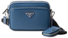 Blue Shoulder Bag With Logo Hardware For Travel, Luxury Blue Shoulder Bag With Logo Hardware, Modern Travel Bags With Logo Plaque, Leather Shoulder Bag With Logo Plaque For Travel, Travel Leather Shoulder Bag With Logo Plaque, Designer Blue Bags With Logo Hardware, Shoulder Bag Prada, Re Edition Prada, Leather Shoulder Bag Men