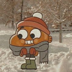 a cartoon character is walking in the snow