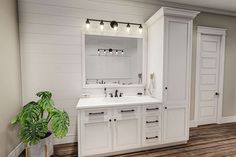 a large bathroom with white cabinets and wood floors, along with a potted plant