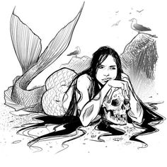 a woman laying on the ground next to a bird and a mermaid with her head in her hands