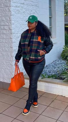 Fall Outfit With Jordans, Casual Outfits Black Women Plus Size, Basketball Game Outfit Plus Size, Plus Size Birthday Outfits Fall, Baddie Winter Fits Plus Size, Flannel And Dunks Outfit, Wutang Concert Outfit, Letter Man Jacket Outfits Black Women, Cute Casual Outfits For Fall Black Women