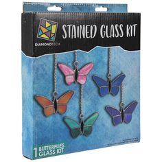 the diamond tech butterfly glass kit is packaged in a package with four different colors and sizes