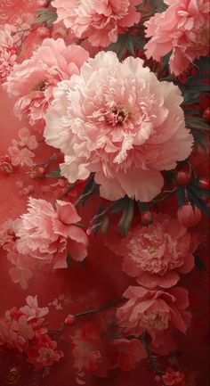 pink flowers on a red background with green leaves