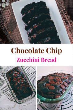 chocolate chip zucchini bread on a wire rack and in a glass baking dish