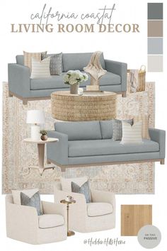 a living room with couches, chairs and rugs in shades of blue and beige