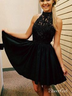 Black Taffeta Halter High Neck Beaded Homecoming Dresses APD2744-SheerGirl Black Homecoming Dresses, Black Homecoming Dress, Satin Tulle, Mini 8, Short Homecoming Dress, Dresses Short, Homecoming Dress, Famous Brands, Beaded Lace