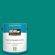 a blue paint can with the words behr premium plus painted on it's side