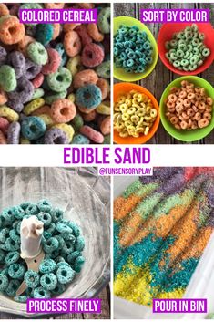 four different types of cereals in bowls and one with colored cereal on it, the other is edible sand